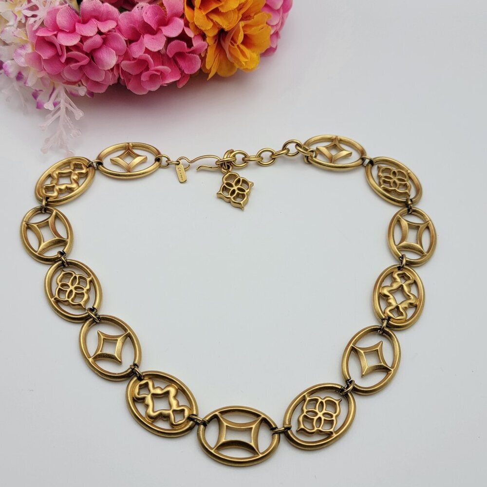 Vintage Monet Medallion Link Statement Collar Necklace Gold Tone 19 In Adj.